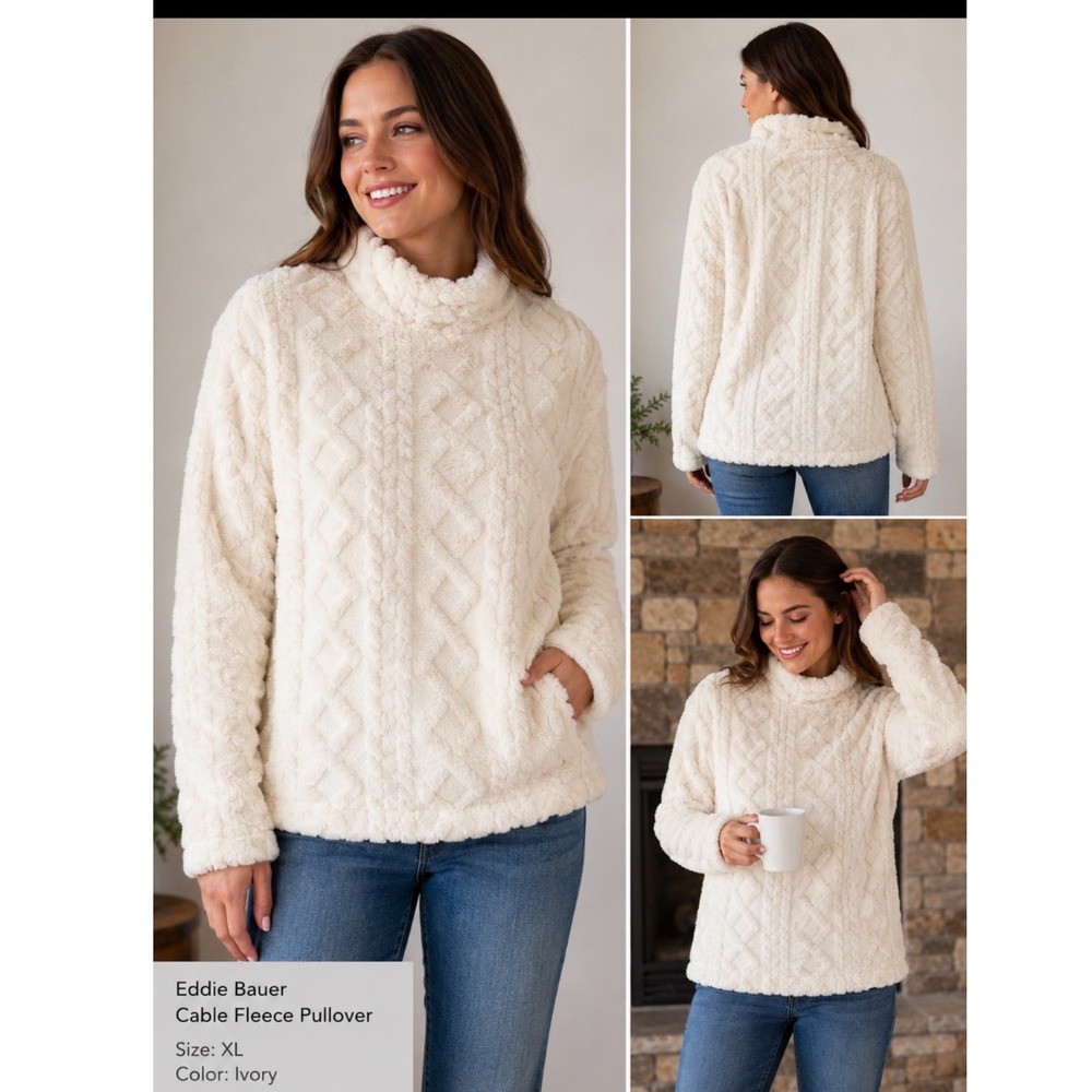 Eddie Bauer NEW Cable Fleece Pullover Ivory White Funnel Neck Ultrasoft XL